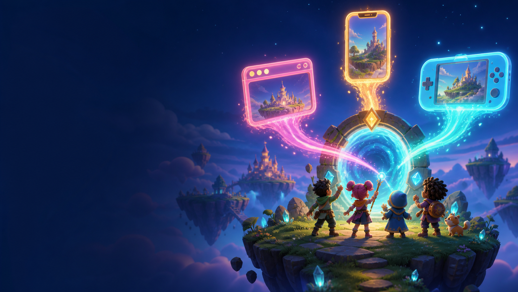 Game avatars entering one glowing portal from browser, mobile, and handheld game gateways