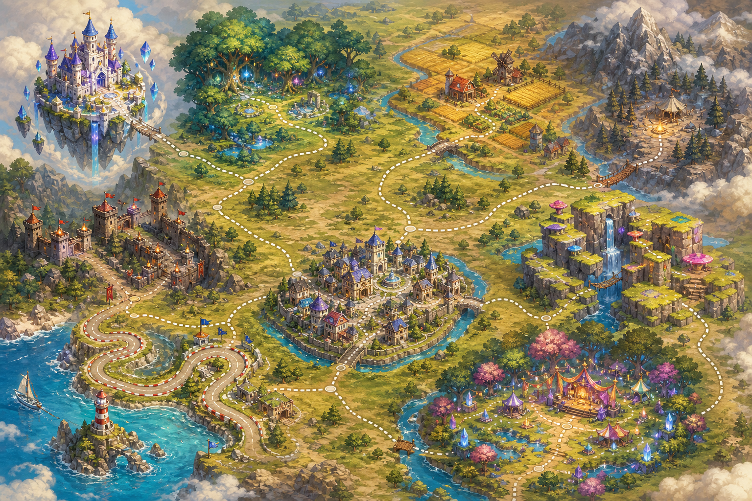 A connected fantasy game map with a floating castle, quest forest, farm valley, city, coastal race track, platform cliffs, music grove, and mountain survival camp
