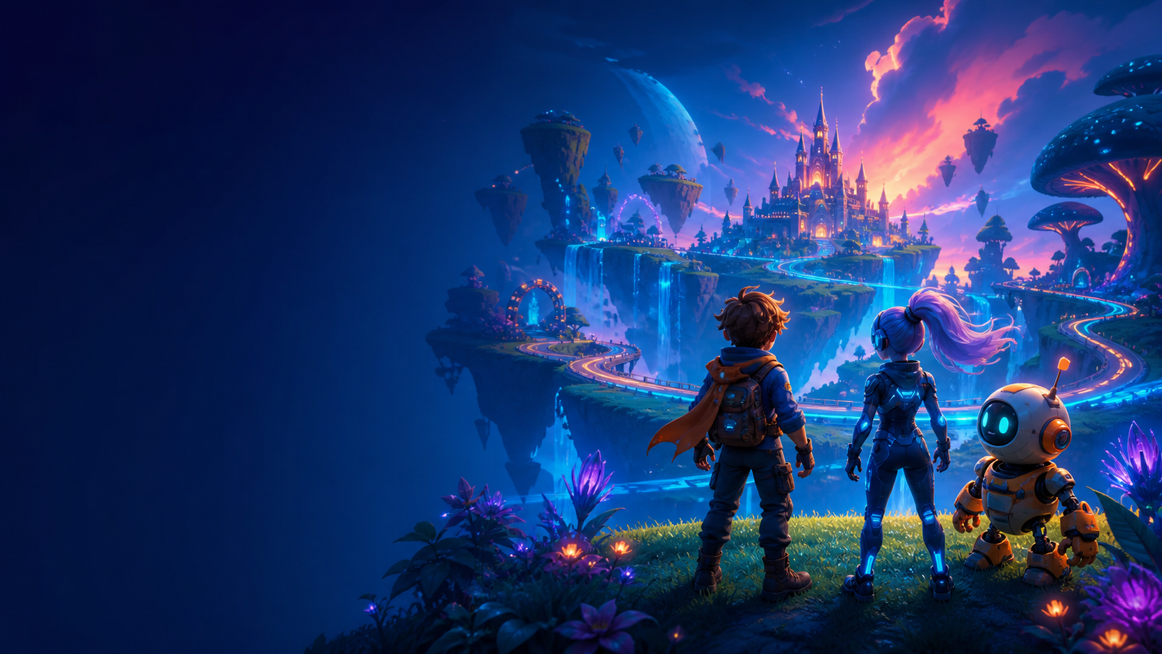 Three game heroes looking out across a vibrant floating-island world and luminous castle