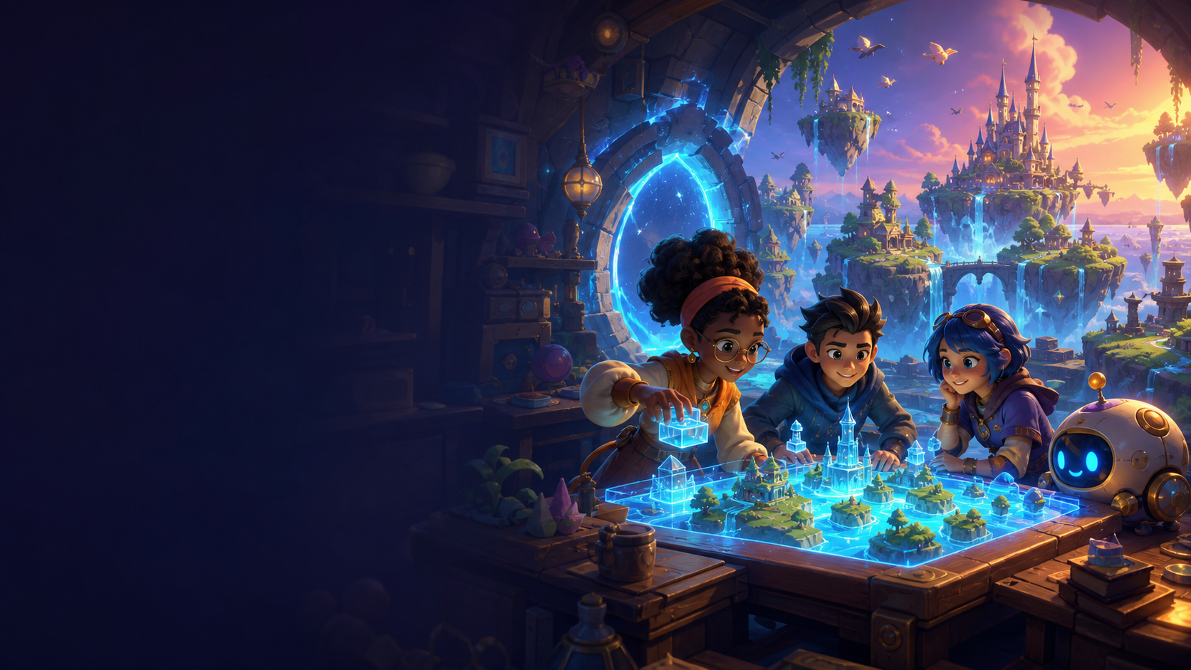 Game creators shaping a glowing world map beside a portal to a floating-island adventure world