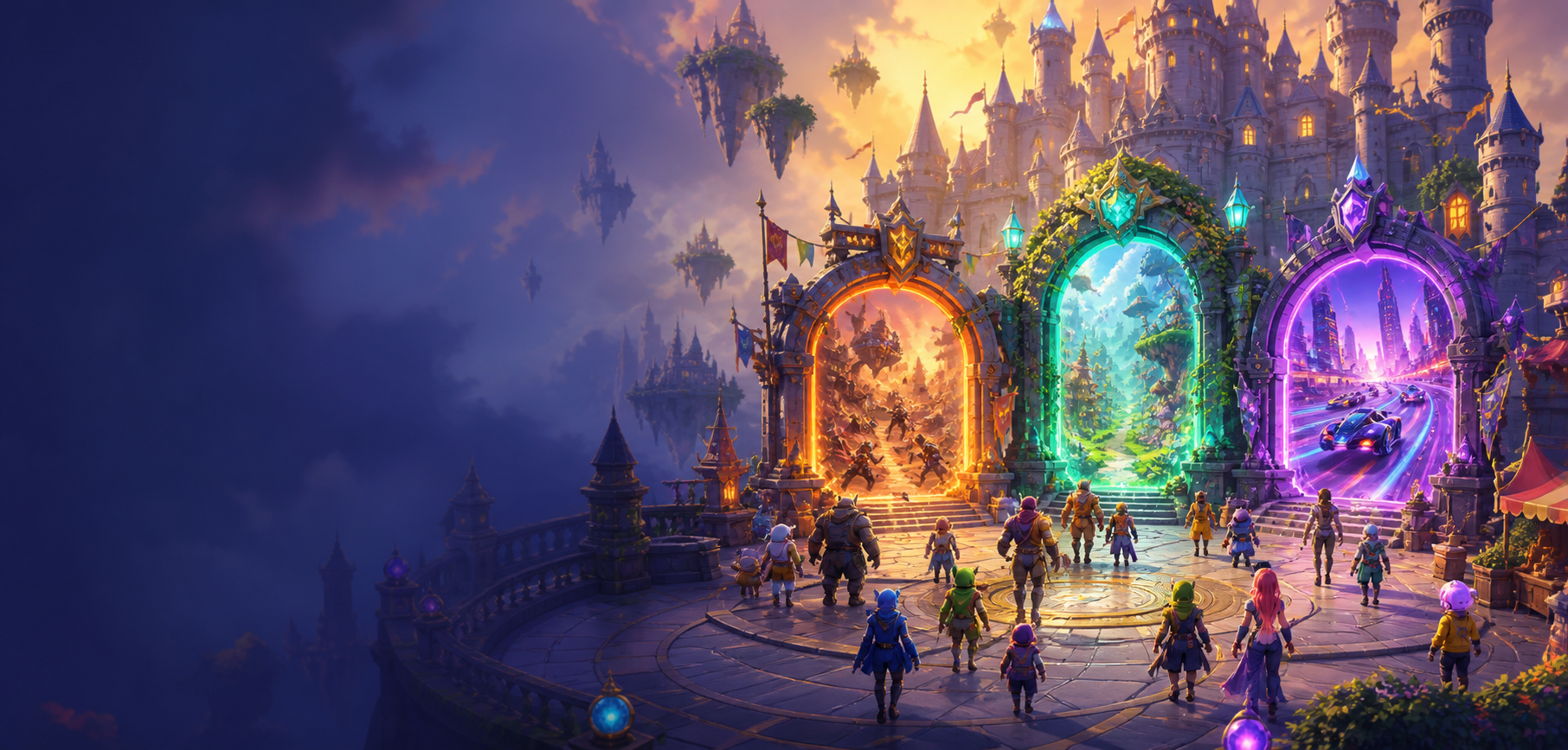 Players arriving at Fusion Castle's marketplace plaza and choosing between action, adventure, and racing world portals