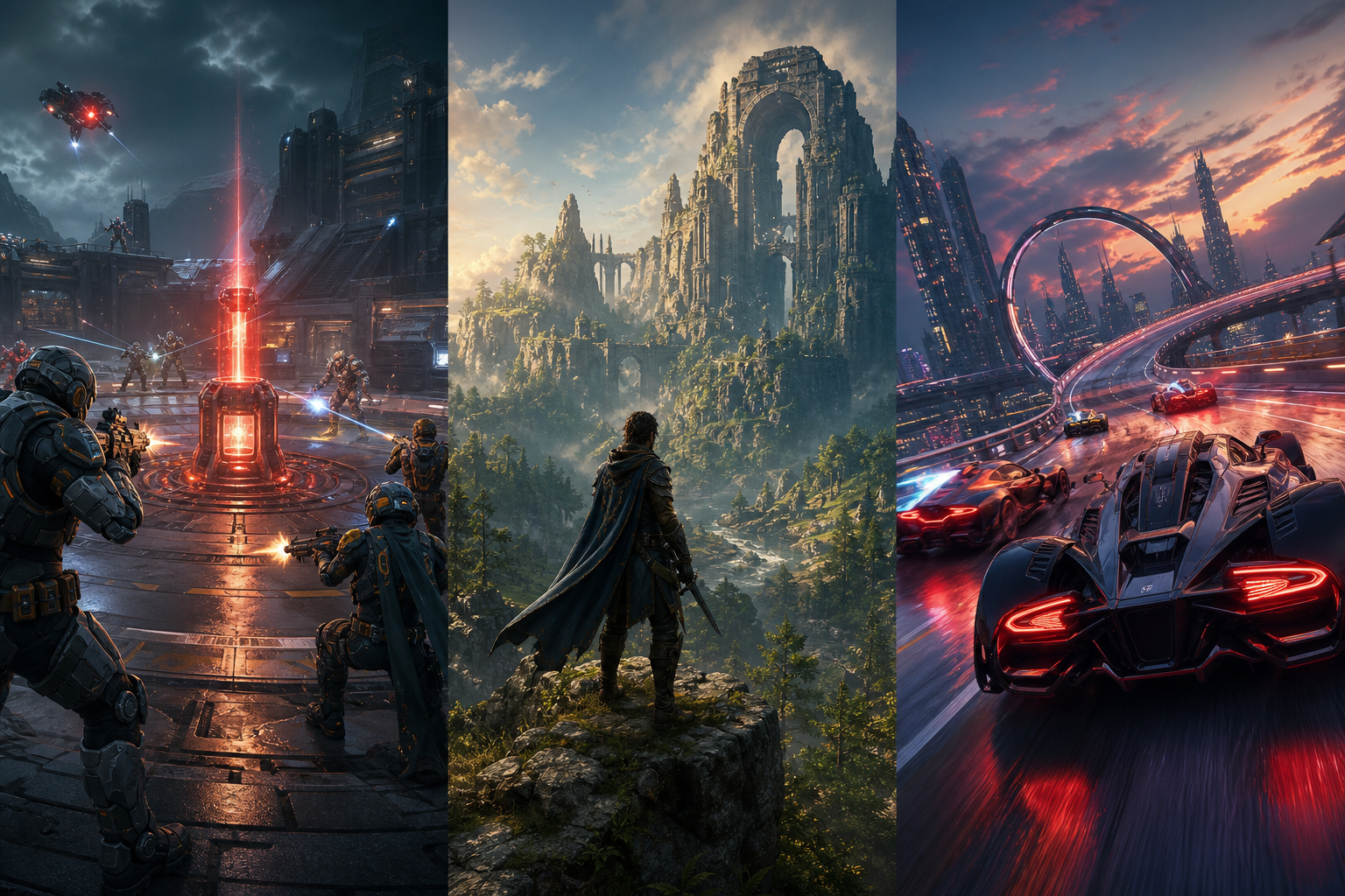Examples of a co-op arena game, an adventure role-playing game, and a futuristic racing game available to players