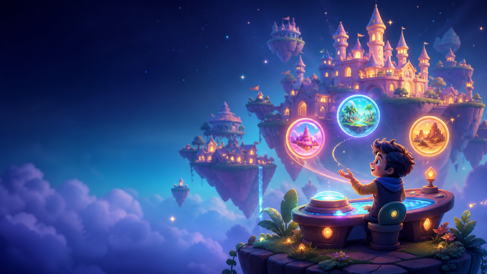 A game creator unlocking colorful game worlds around a glowing floating castle marketplace